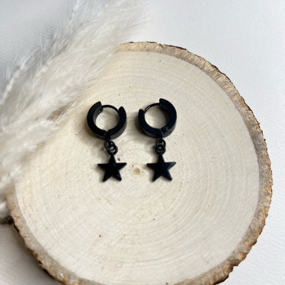 Dainty Goth Hoop Earrings,  Moon, Moth and Star Hoop Set, Edgy all Black Hoops - Picture 8 of 14